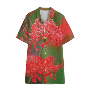 Red Japanese Amaryllis Print Cotton Hawaiian Shirt