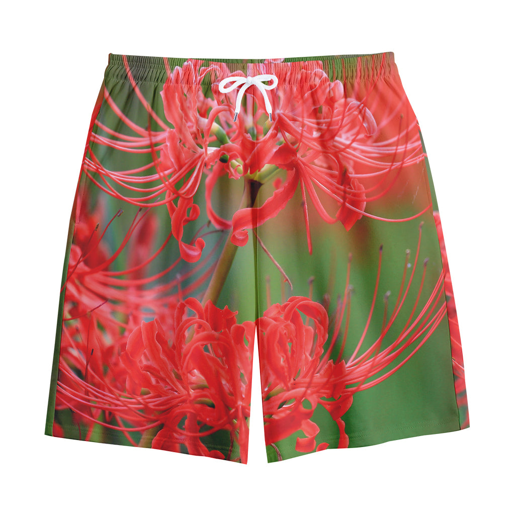 Red Japanese Amaryllis Print Cotton Shorts