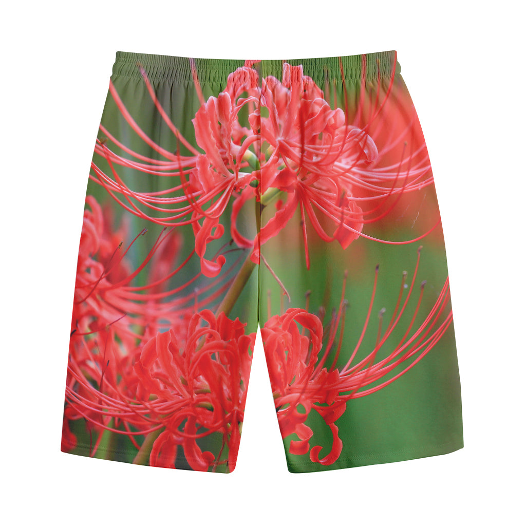 Red Japanese Amaryllis Print Cotton Shorts