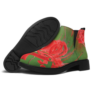 Red Japanese Amaryllis Print Flat Ankle Boots