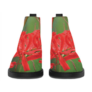 Red Japanese Amaryllis Print Flat Ankle Boots