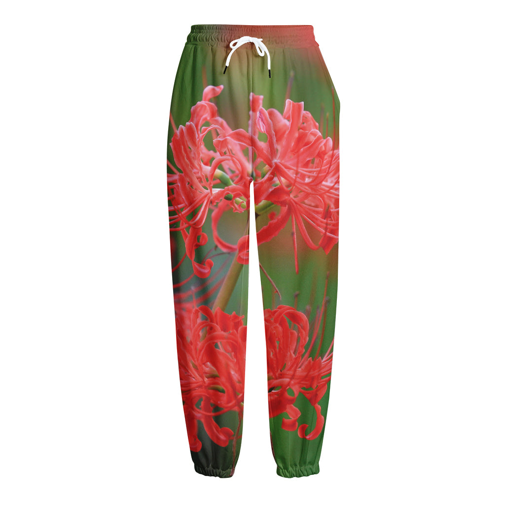 Red Japanese Amaryllis Print Fleece Lined Knit Pants