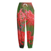 Red Japanese Amaryllis Print Fleece Lined Knit Pants