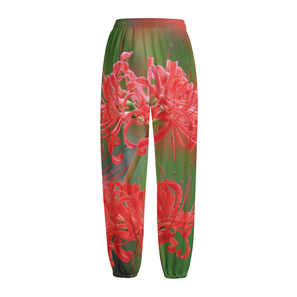 Red Japanese Amaryllis Print Fleece Lined Knit Pants