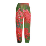 Red Japanese Amaryllis Print Fleece Lined Knit Pants