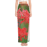 Red Japanese Amaryllis Print High Slit Maxi Skirt