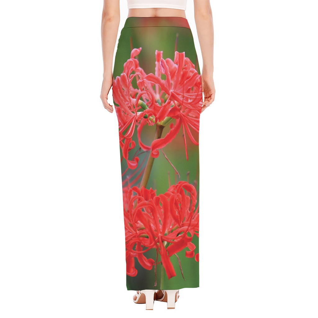 Red Japanese Amaryllis Print High Slit Maxi Skirt