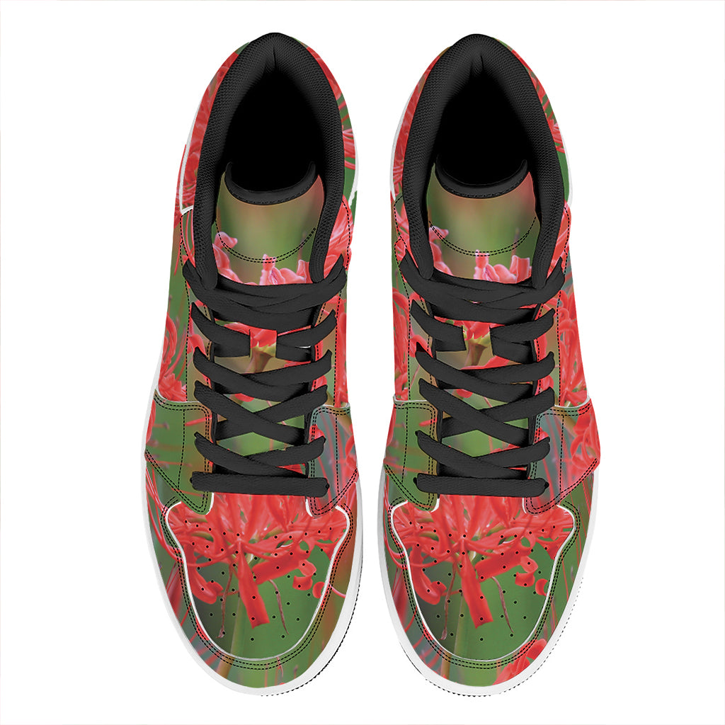 Red Japanese Amaryllis Print High Top Leather Sneakers