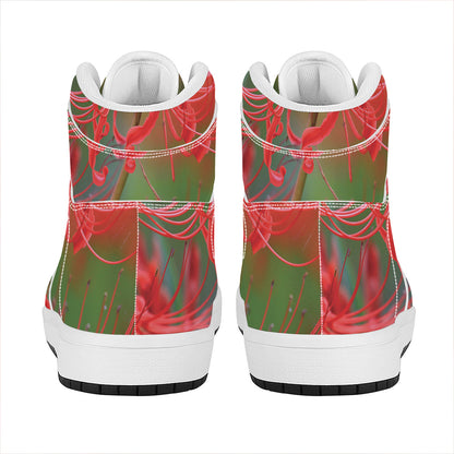 Red Japanese Amaryllis Print High Top Leather Sneakers