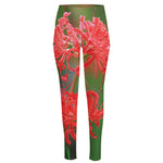 Red Japanese Amaryllis Print High-Waisted Pocket Leggings