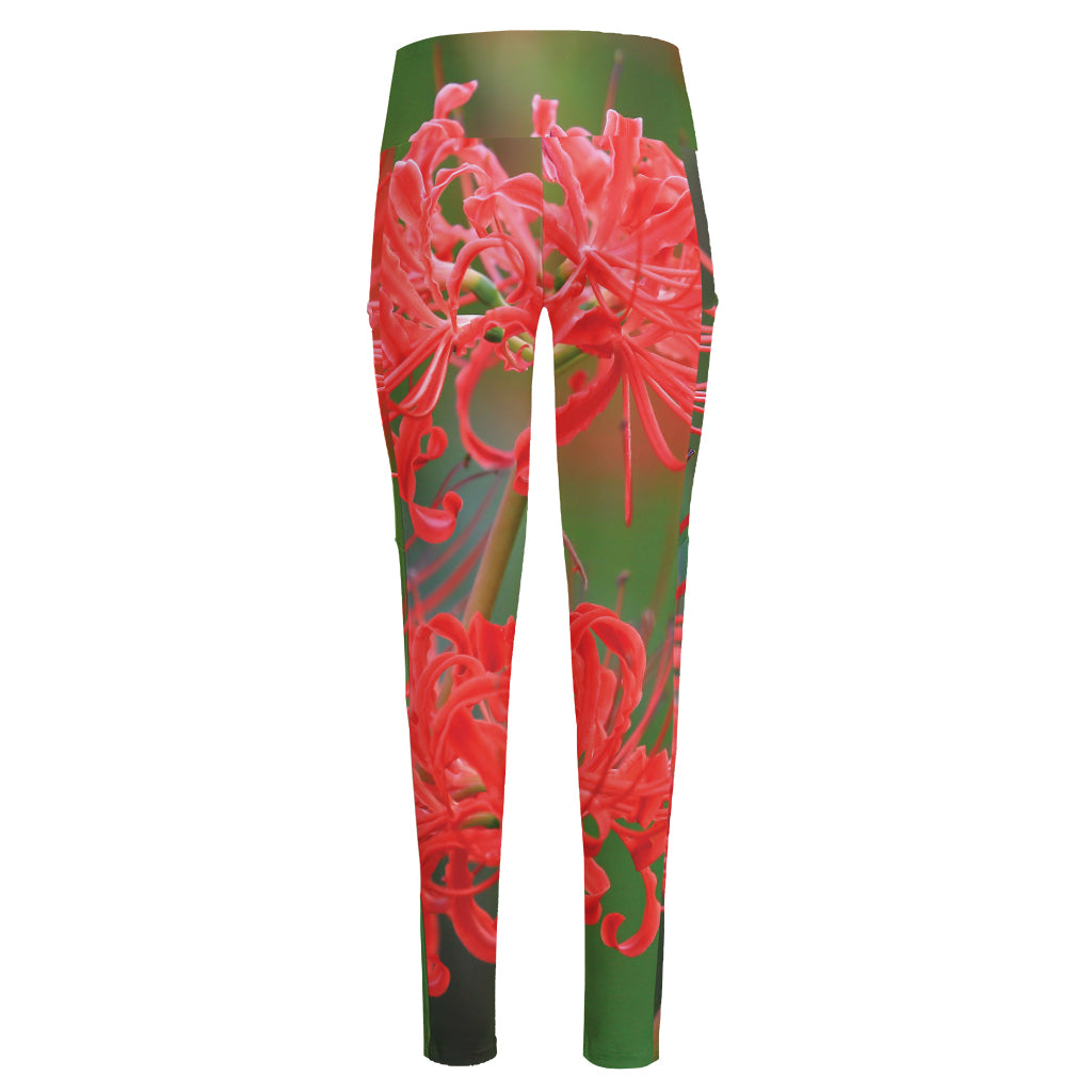 Red Japanese Amaryllis Print High-Waisted Pocket Leggings