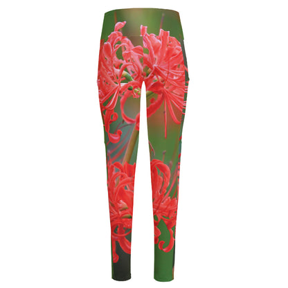 Red Japanese Amaryllis Print High-Waisted Pocket Leggings