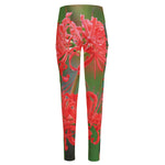 Red Japanese Amaryllis Print High-Waisted Pocket Leggings