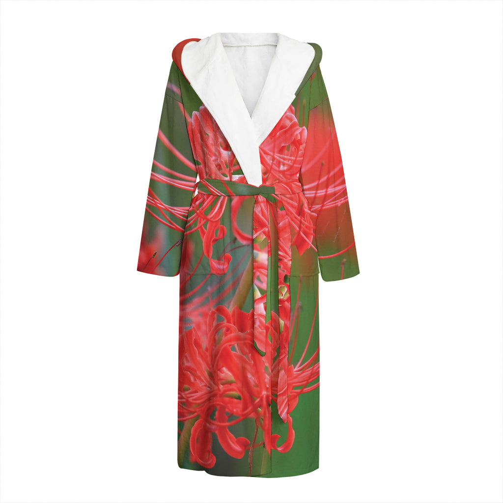 Red Japanese Amaryllis Print Hooded Bathrobe