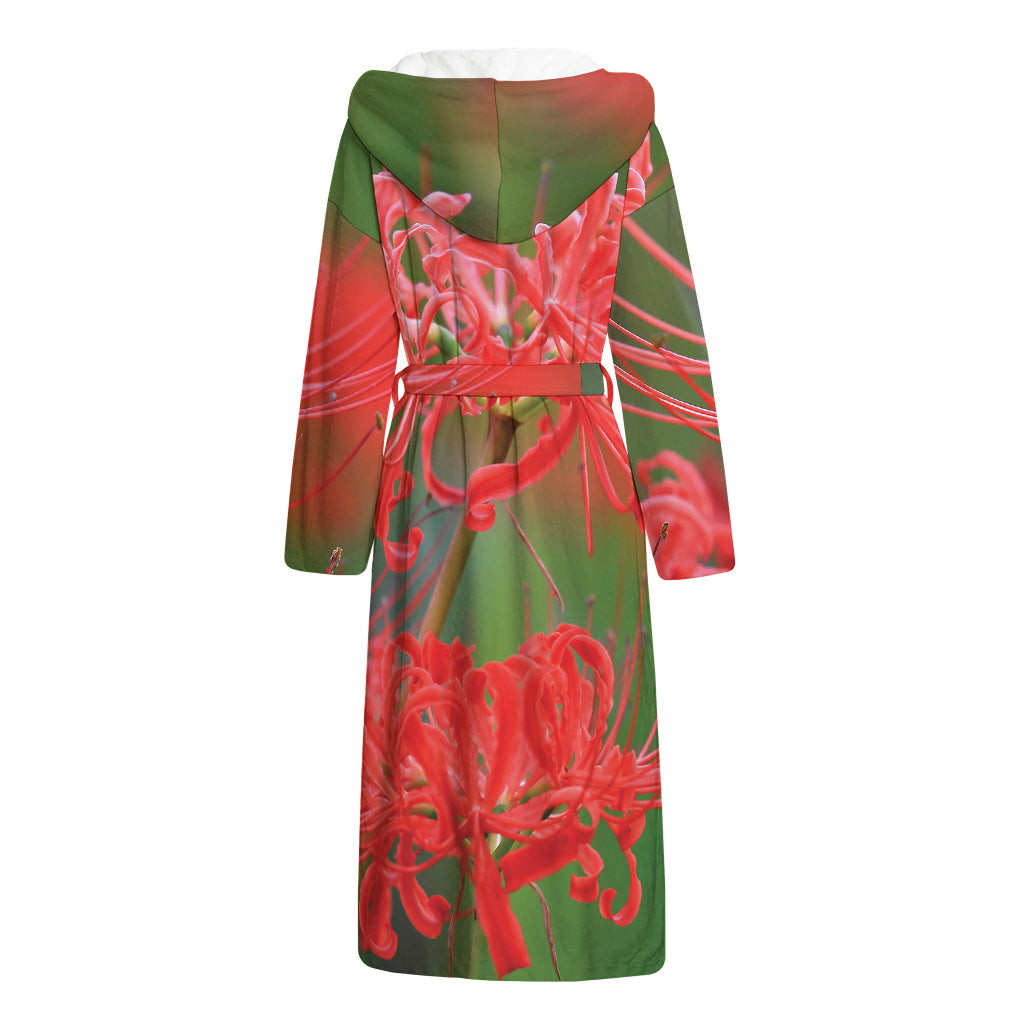 Red Japanese Amaryllis Print Hooded Bathrobe