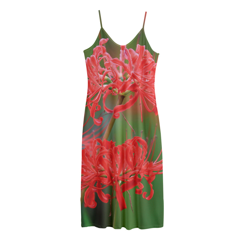 Red Japanese Amaryllis Print Jersey Midi Cami Dress