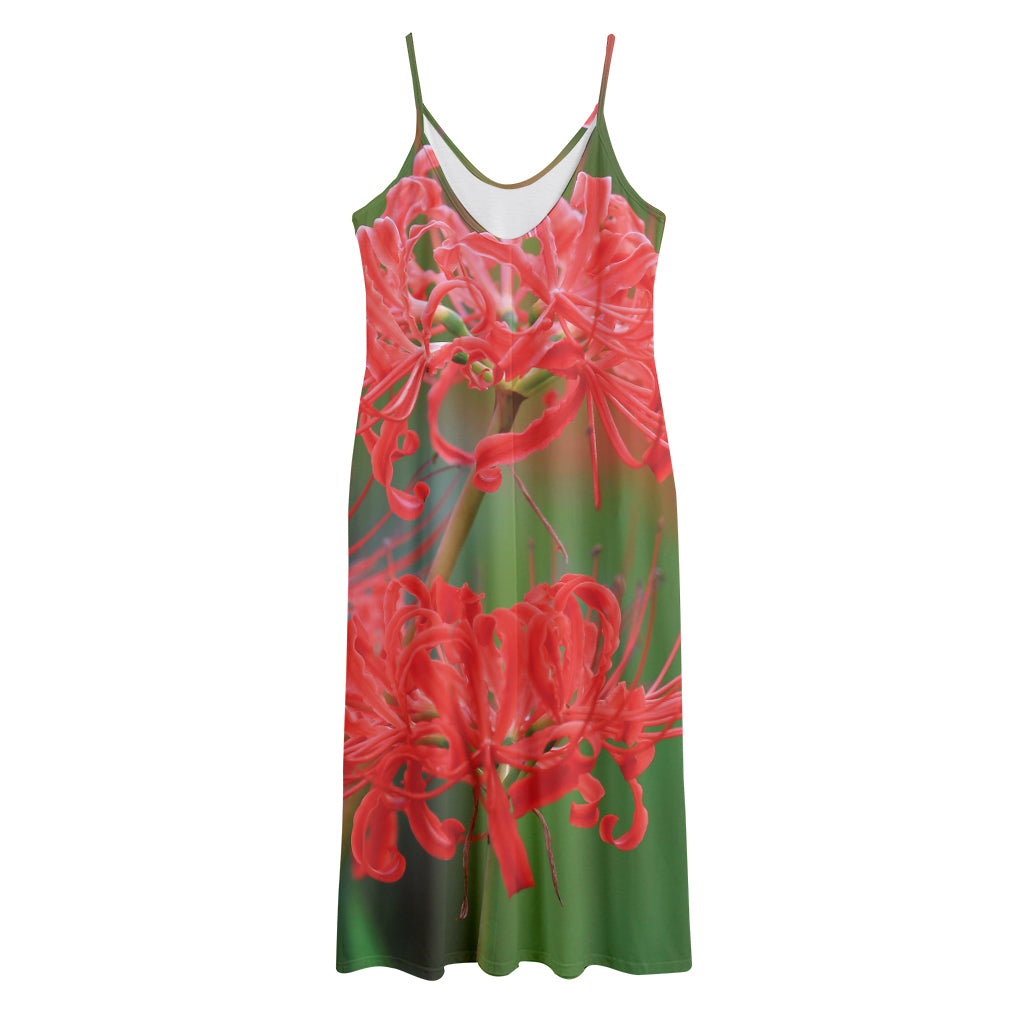 Red Japanese Amaryllis Print Jersey Midi Cami Dress