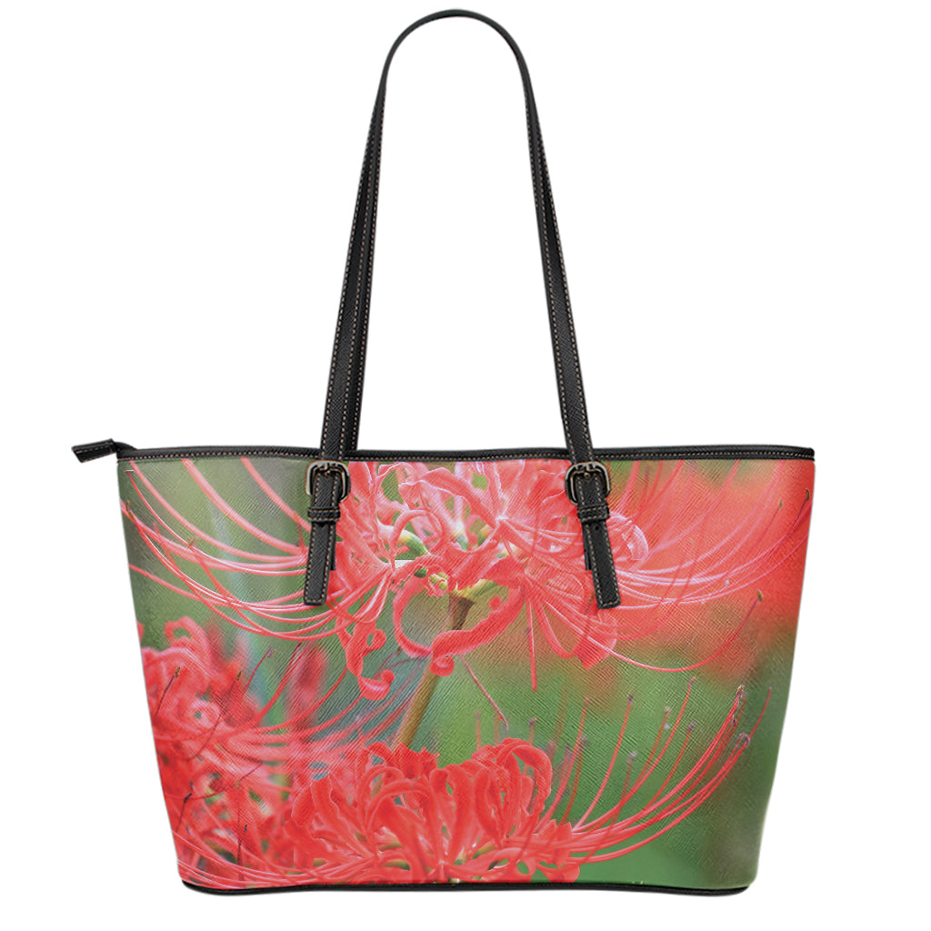 Red Japanese Amaryllis Print Leather Tote Bag