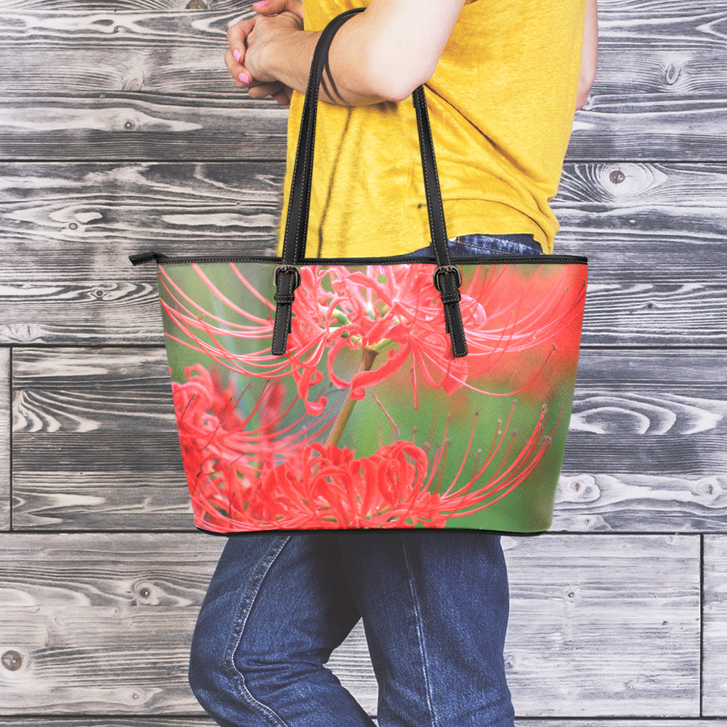 Red Japanese Amaryllis Print Leather Tote Bag