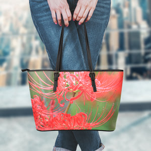 Red Japanese Amaryllis Print Leather Tote Bag