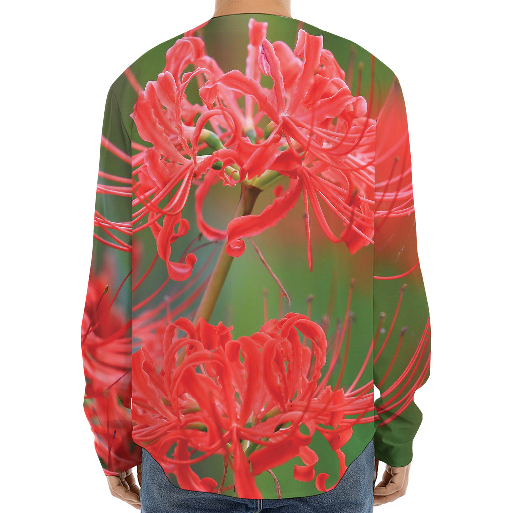 Red Japanese Amaryllis Print Long Sleeve Baseball Jersey