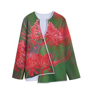 Red Japanese Amaryllis Print Long Sleeve Short Coat