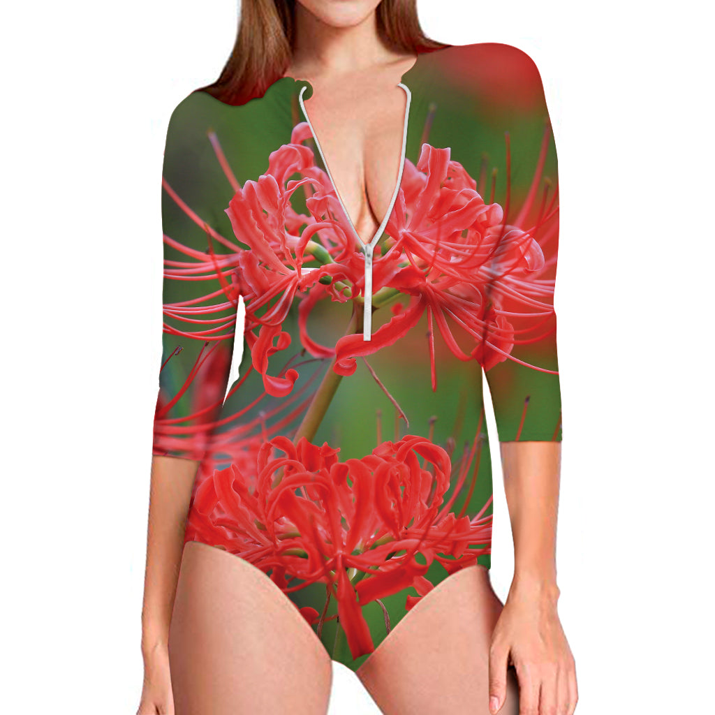 Red Japanese Amaryllis Print Long Sleeve Swimsuit