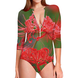 Red Japanese Amaryllis Print Long Sleeve Swimsuit