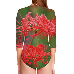 Red Japanese Amaryllis Print Long Sleeve Swimsuit