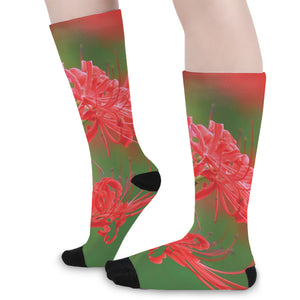 Red Japanese Amaryllis Print Long Socks