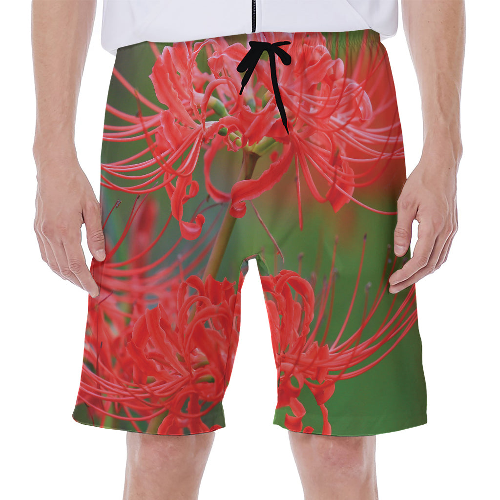 Red Japanese Amaryllis Print Men's Beach Shorts