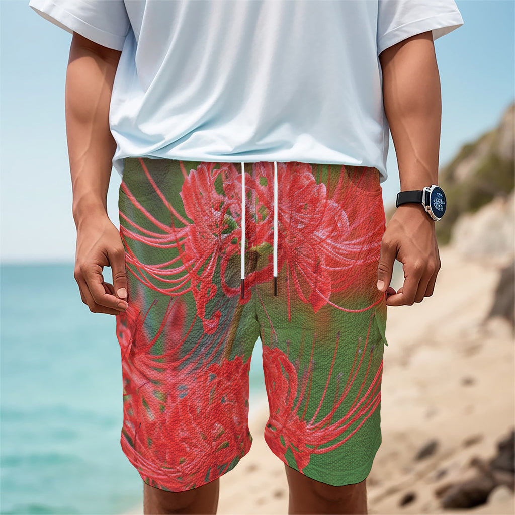 Red Japanese Amaryllis Print Men's Cargo Shorts