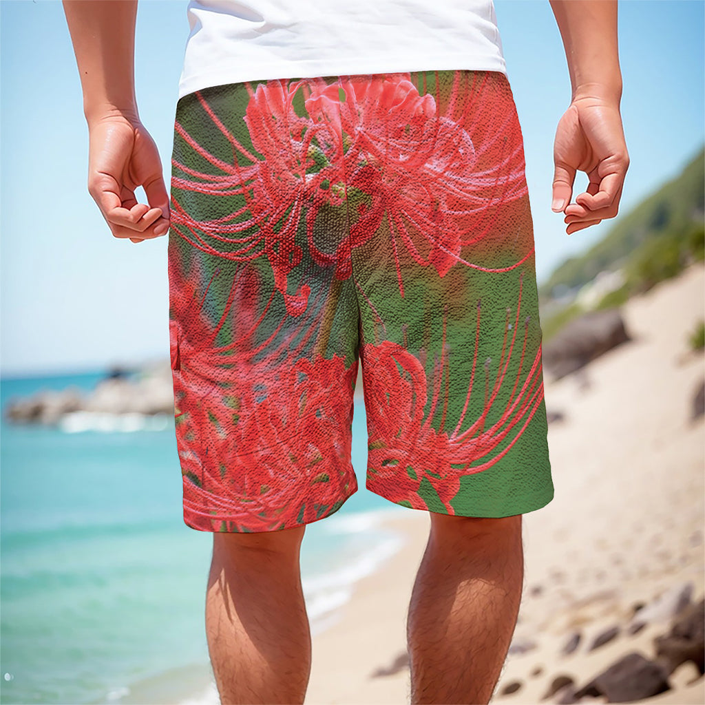 Red Japanese Amaryllis Print Men's Cargo Shorts