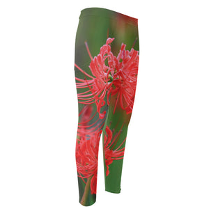 Red Japanese Amaryllis Print Men's Compression Pants