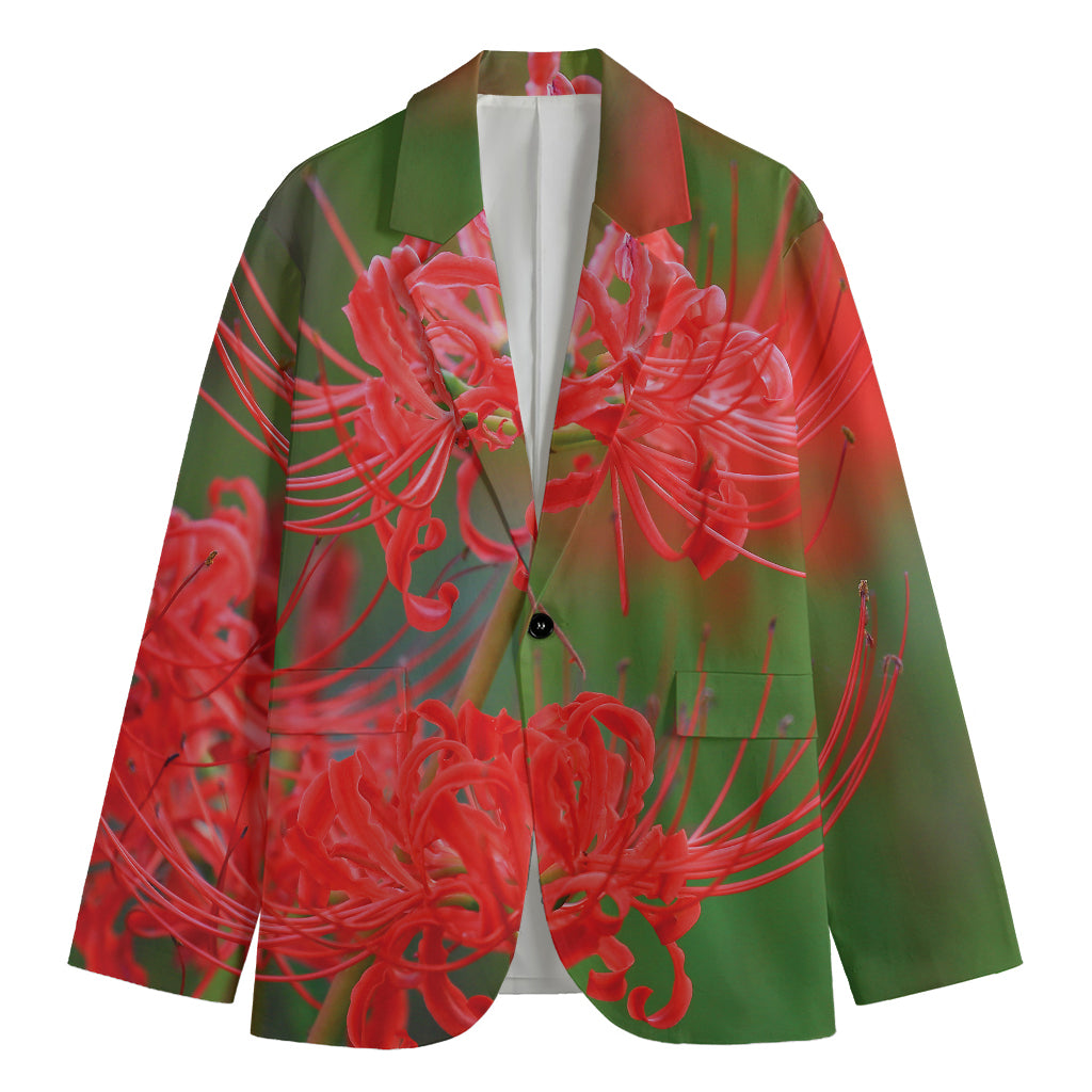 Red Japanese Amaryllis Print Men's Cotton Blazer