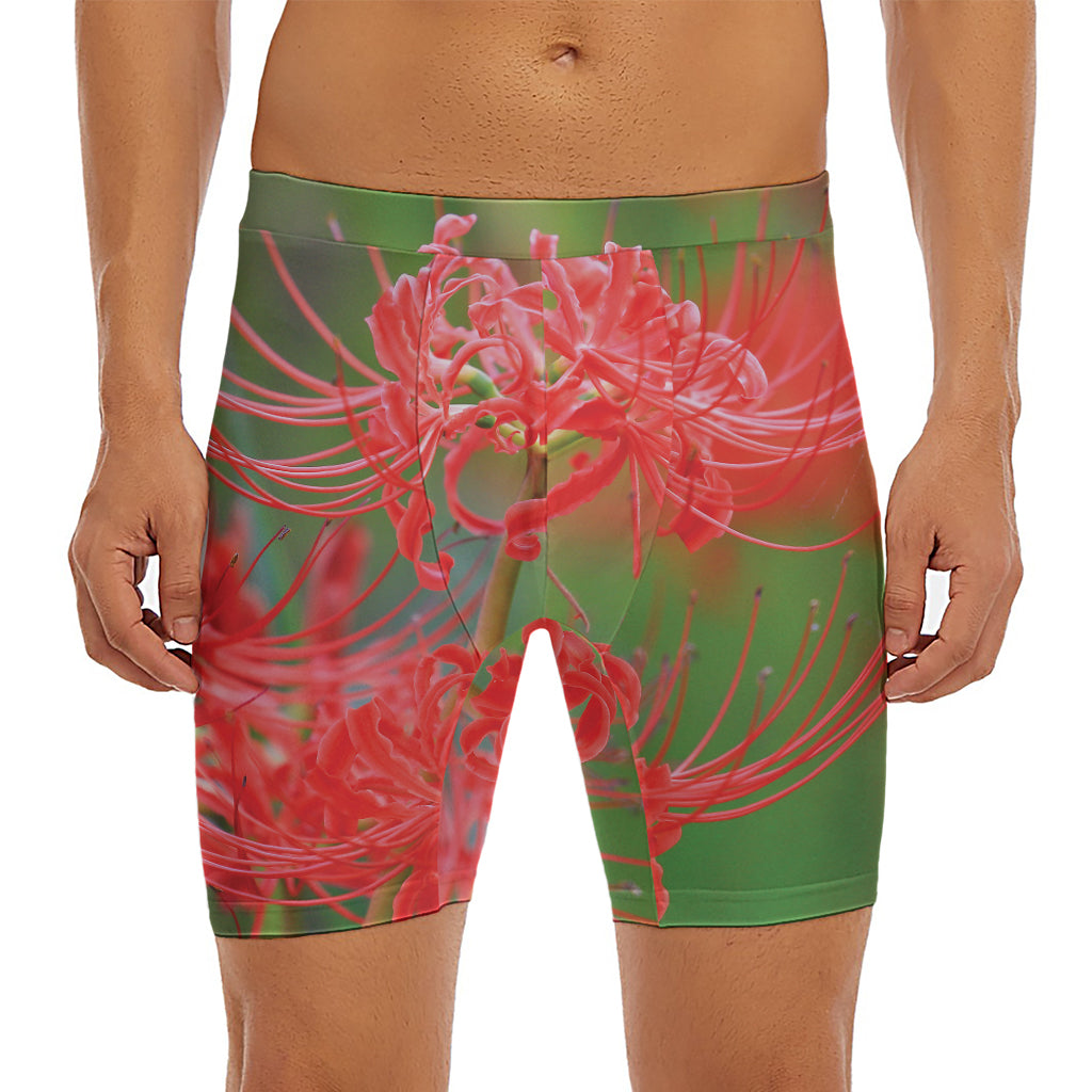 Red Japanese Amaryllis Print Men's Long Boxer Briefs