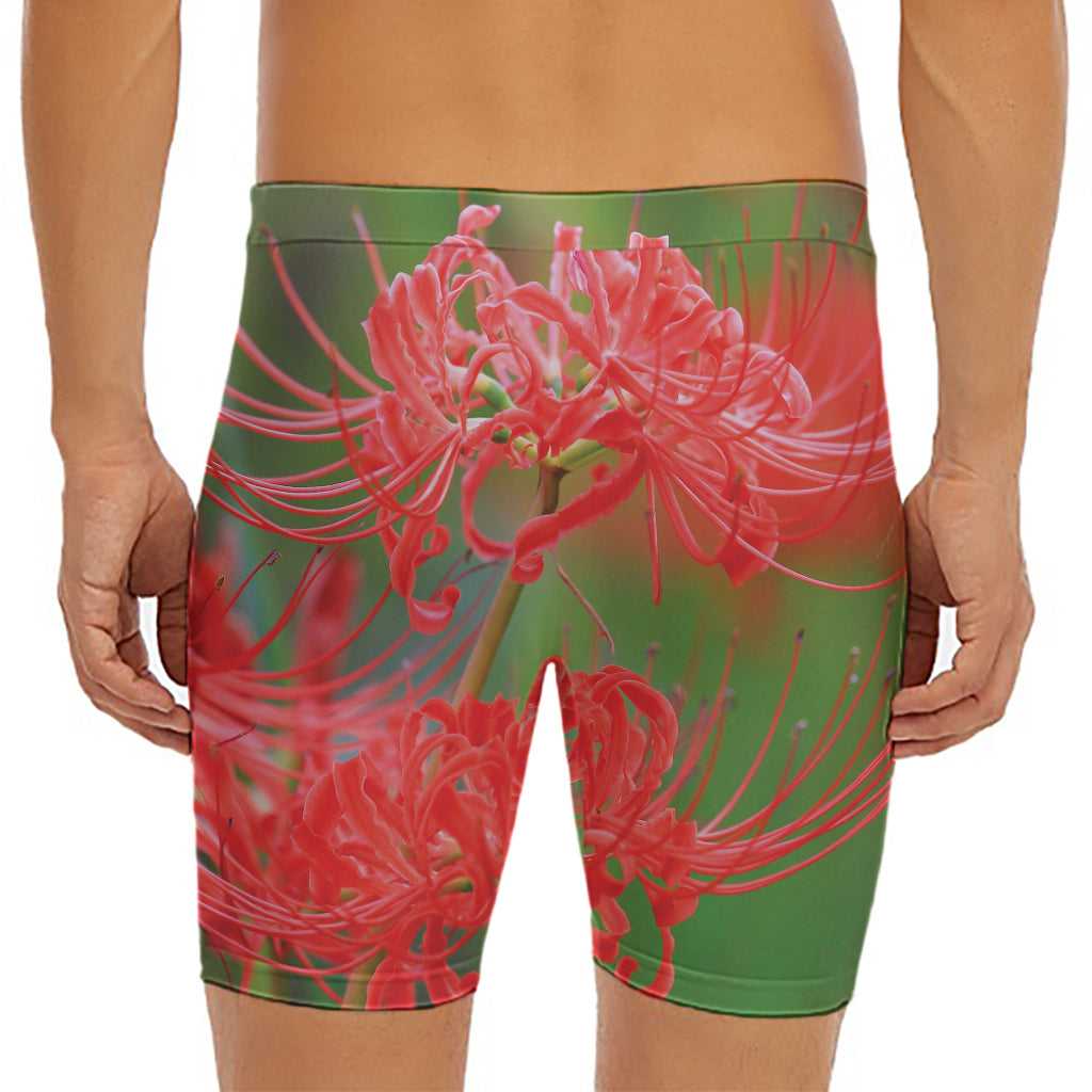 Red Japanese Amaryllis Print Men's Long Boxer Briefs