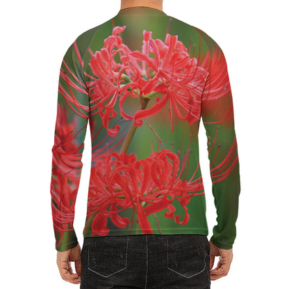Red Japanese Amaryllis Print Men's Long Sleeve Rash Guard