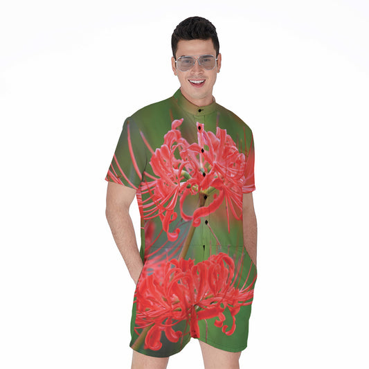 Red Japanese Amaryllis Print Men's Rompers