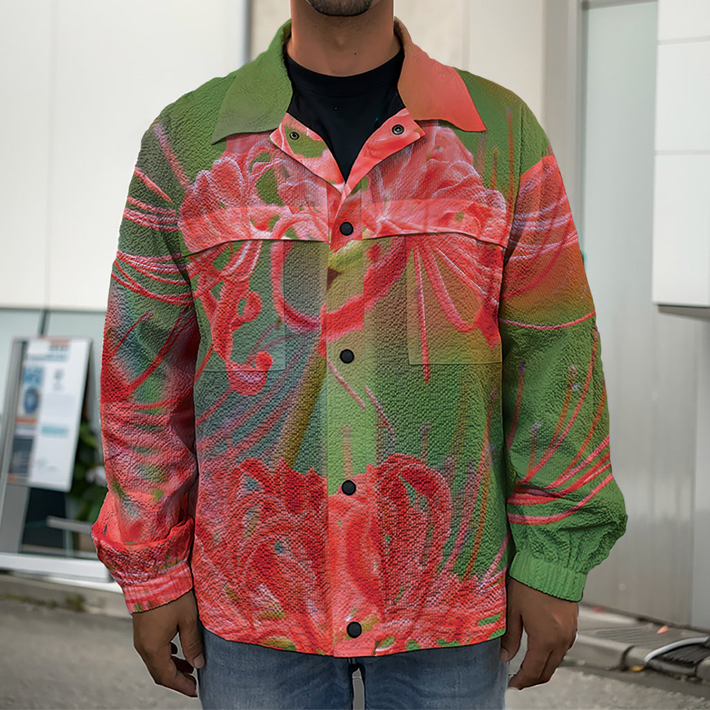 Red Japanese Amaryllis Print Men's Shirt Jacket