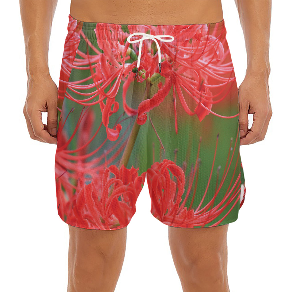 Red Japanese Amaryllis Print Men's Split Running Shorts