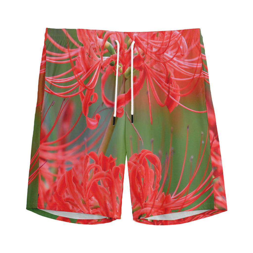 Red Japanese Amaryllis Print Men's Sports Shorts