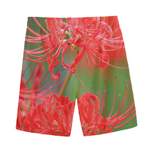 Red Japanese Amaryllis Print Men's Sports Shorts