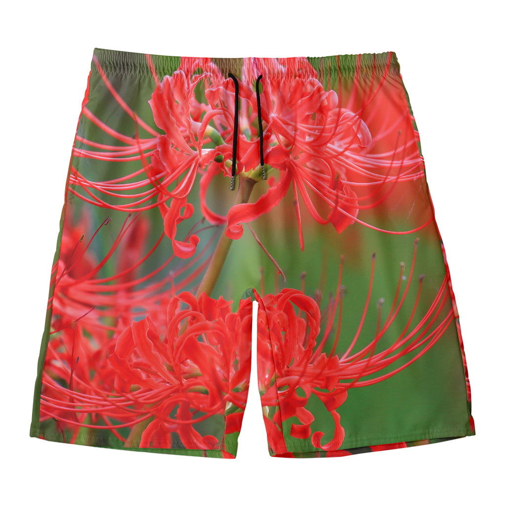 Red Japanese Amaryllis Print Men's Swim Trunks