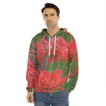 Red Japanese Amaryllis Print Men's Velvet Pullover Hoodie