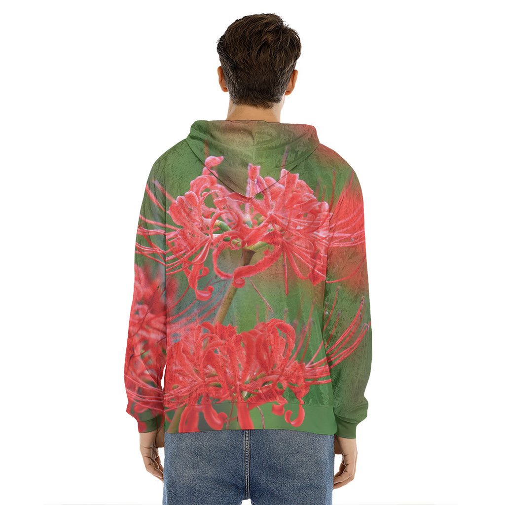 Red Japanese Amaryllis Print Men's Velvet Pullover Hoodie