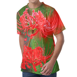 Red Japanese Amaryllis Print Men's Velvet T-Shirt