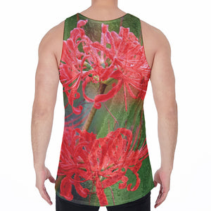 Red Japanese Amaryllis Print Men's Velvet Tank Top