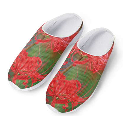 Red Japanese Amaryllis Print Mesh Casual Shoes