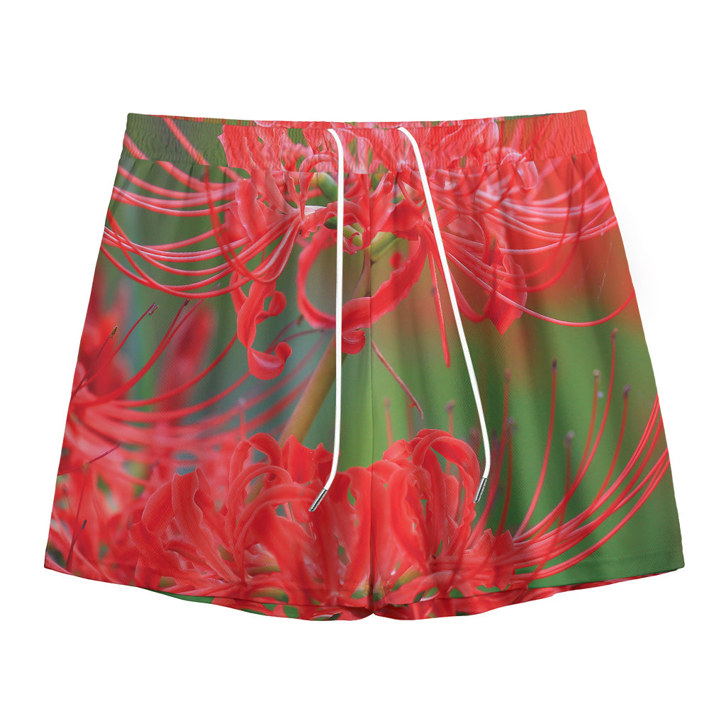 Red Japanese Amaryllis Print Mesh Shorts